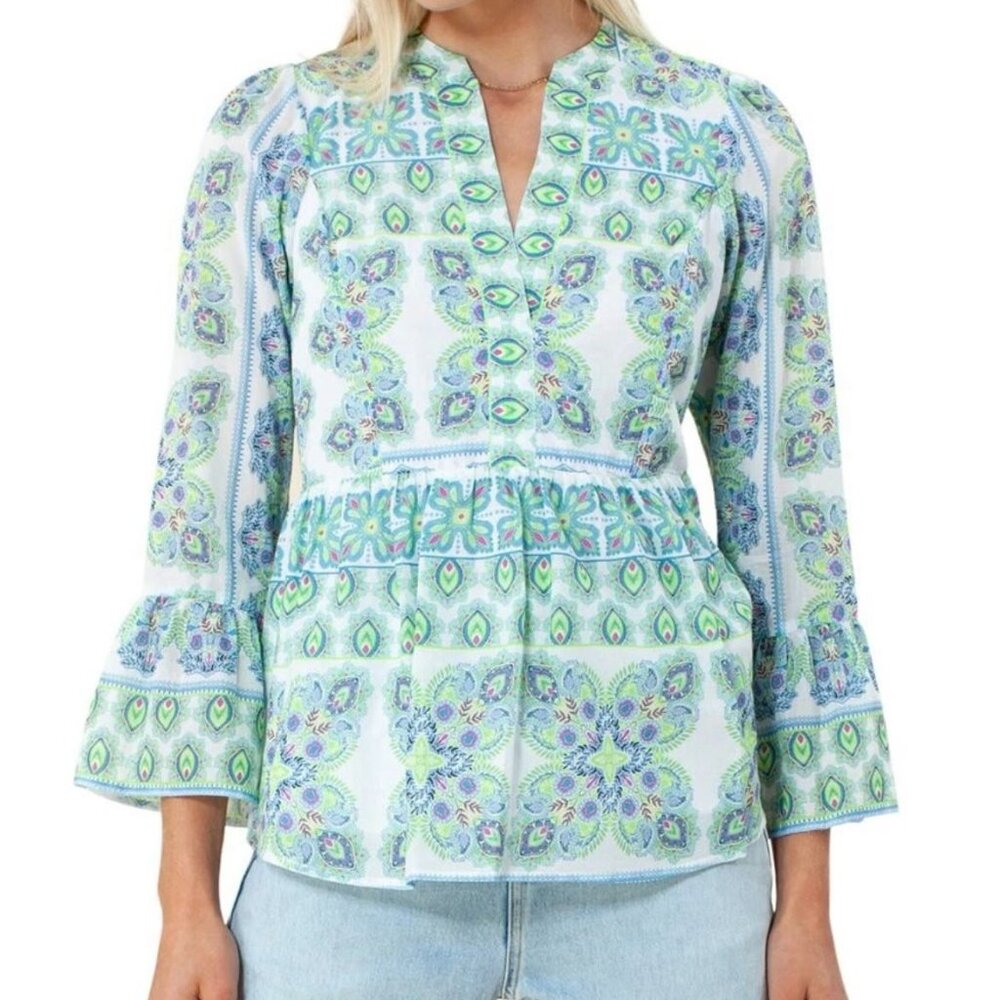 Hale Bob Paisley Peplum Cotton Blouse Blue Green Boho NWT XS